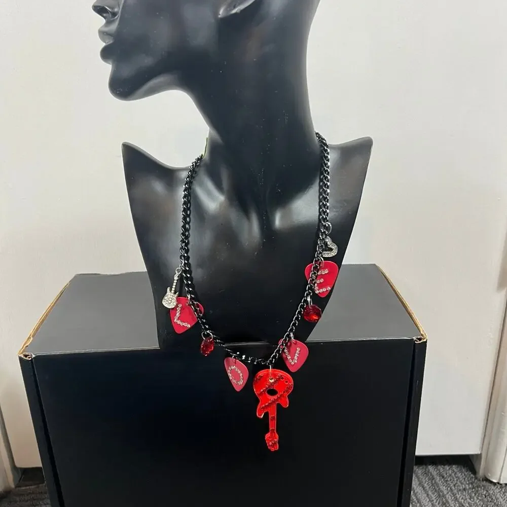 Handmade Red Guitar Pendant LOVE Guitar Pick Crystal Heart Necklace 12.75”